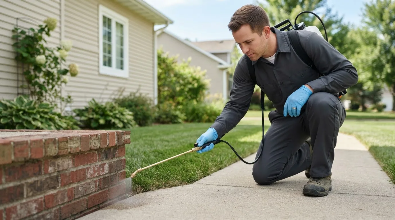 Pest control technician treating a home near Erick, OK